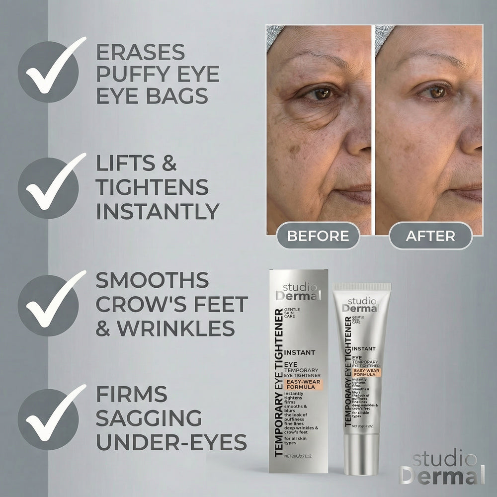 Panel showing puffy under-eye bags before treatment and a smoother, firmer under-eye after