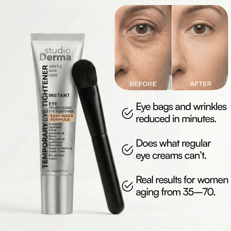StudioDermal Reverse-Aging Eye Tightener tube with applicator brush and before-and-after result