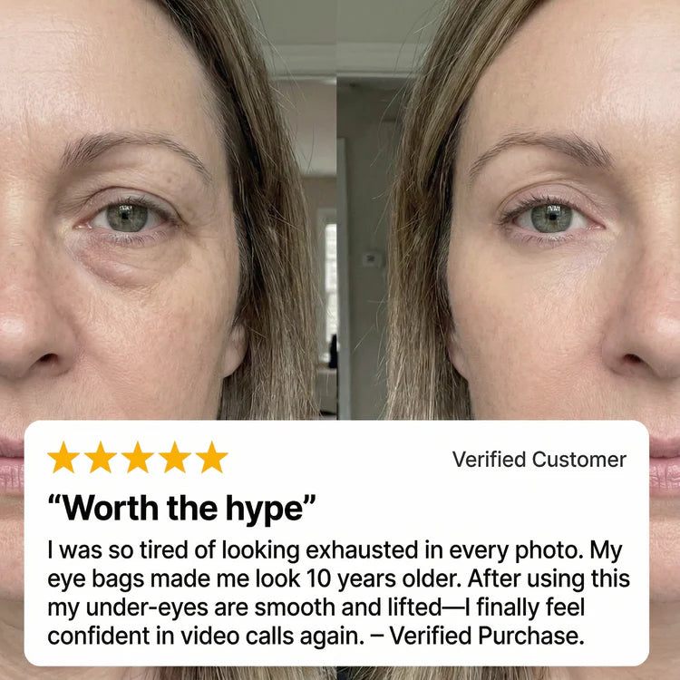 Close-up comparison of a reader's under-eye area, puffy on one side and smooth on the other
